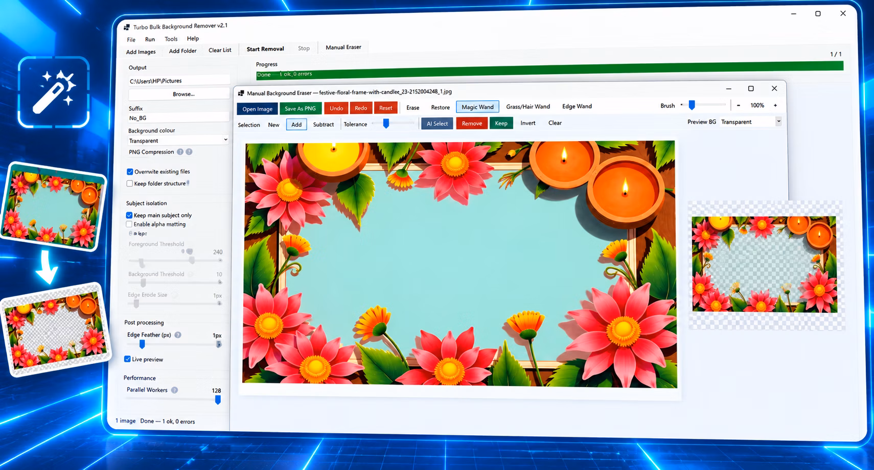 AI background remover for Windows showing the batch queue and a before and after preview
