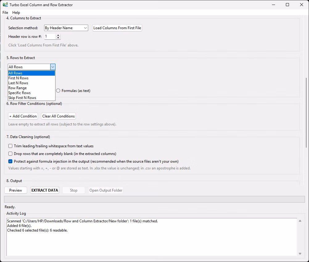 Row selection modes including first N rows, last N rows and skip first N rows