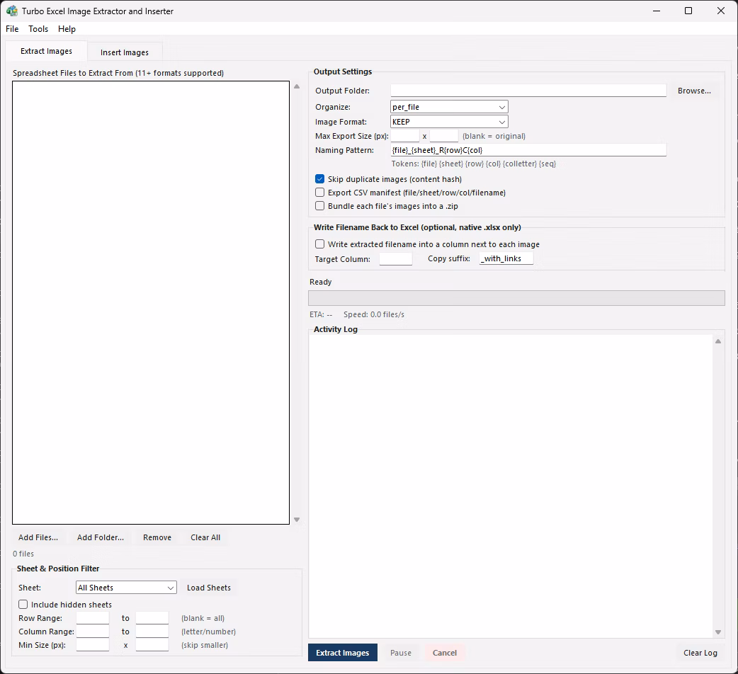 Extract Images tab with sheet and position filters