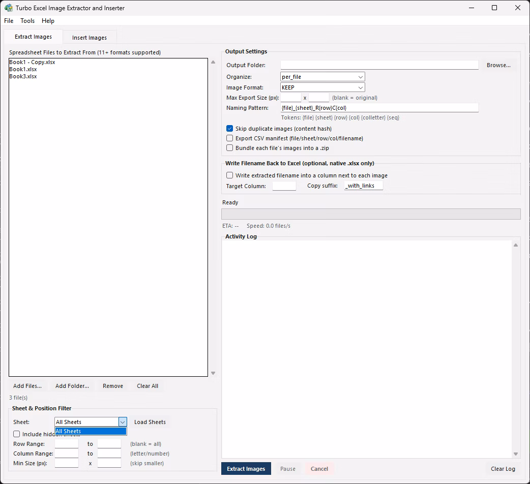 Output settings with naming pattern and image format options
