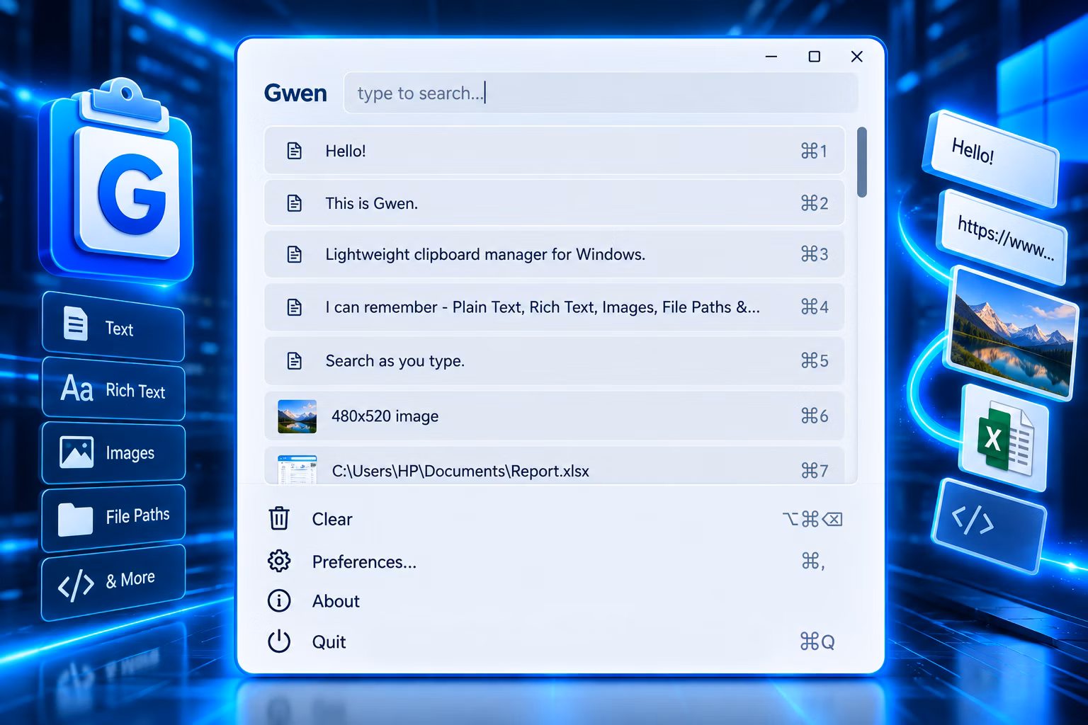 Gwen clipboard manager for Windows screenshot