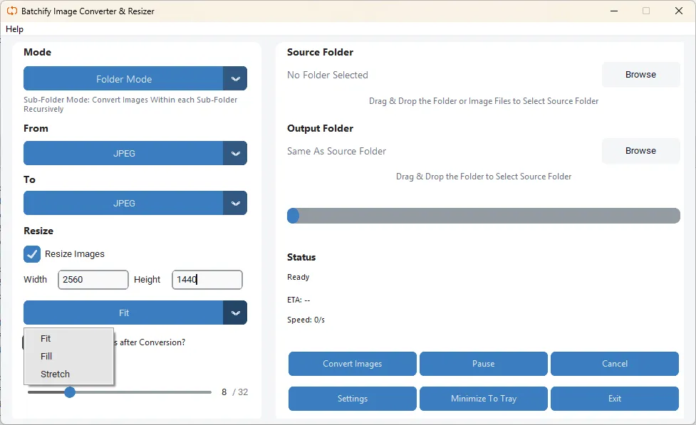 Select the output formats from - JPG, PNG, HEIC, AVIF, BMP, TIFF, SVG, GIF, WEBP