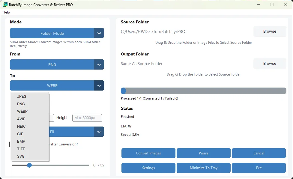 Batchify image converter and reziser app output formats