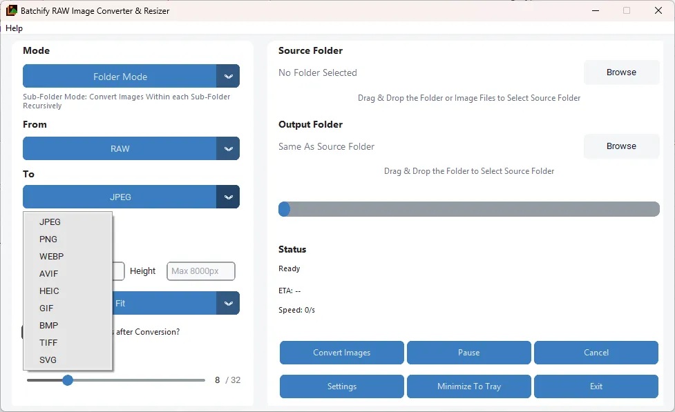 Batchify raw image converter and reziser app functions
