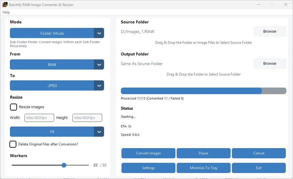 Bulk raw image resizer app features