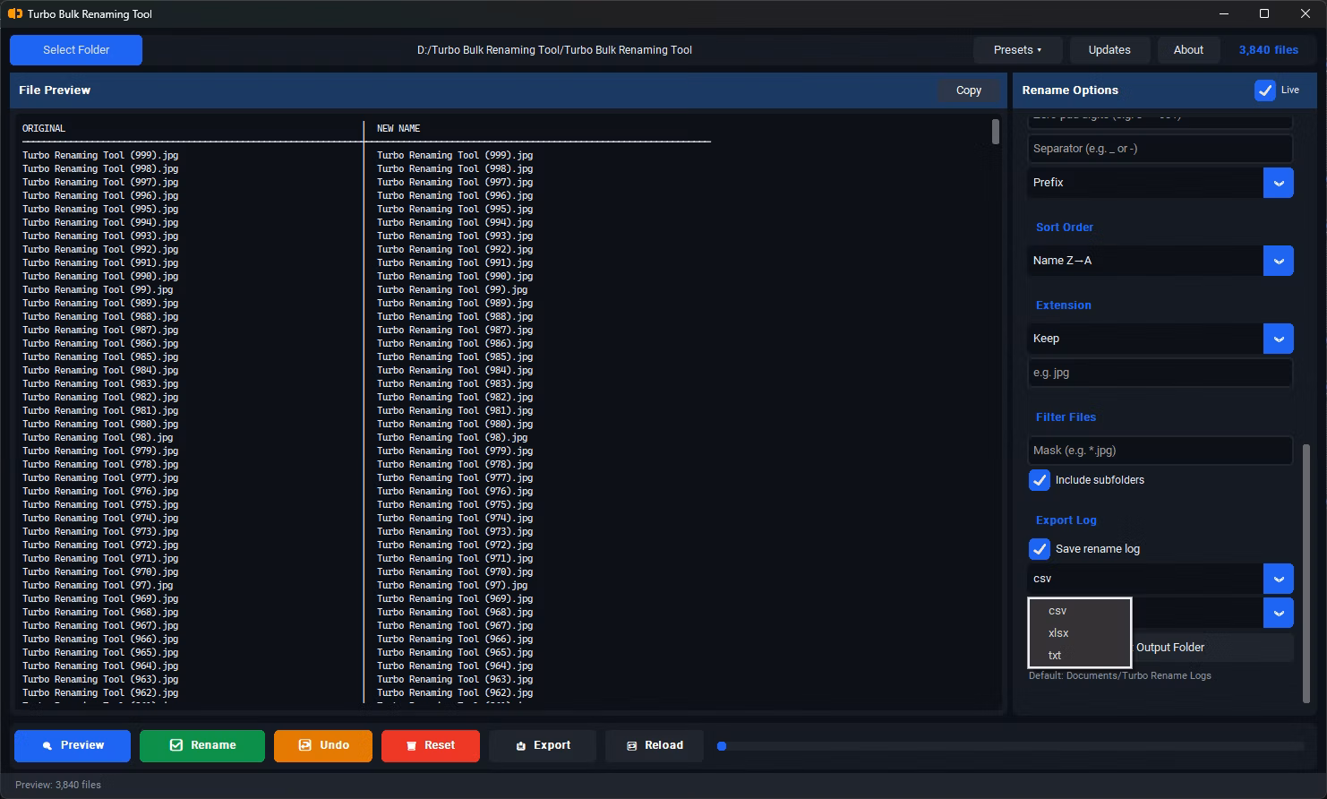 Export Rename Logs to CSV, SLSX or TXT