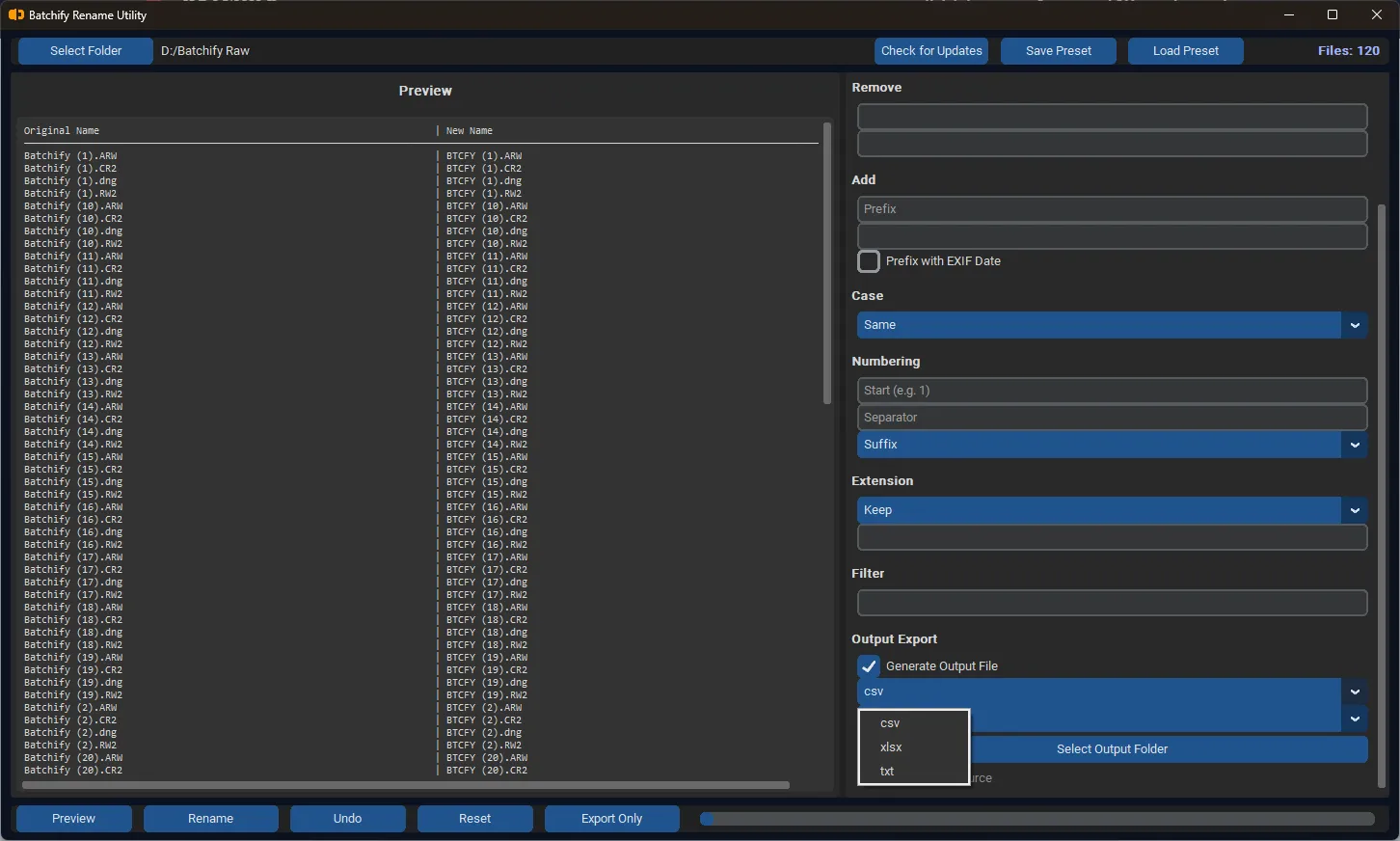 Batchify rename utility app regex suffix and prefix