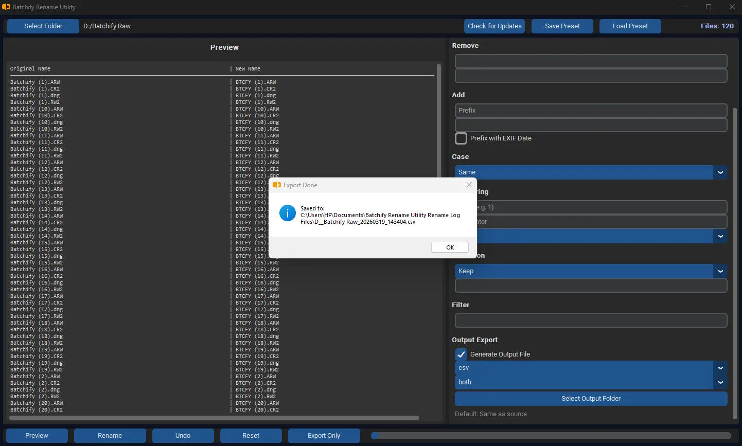 Batchify rename utility app regex suffix and prefix