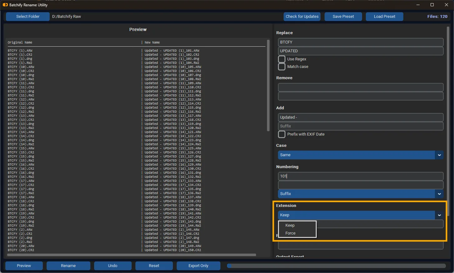 Step 5 – Manage file extensions during rename