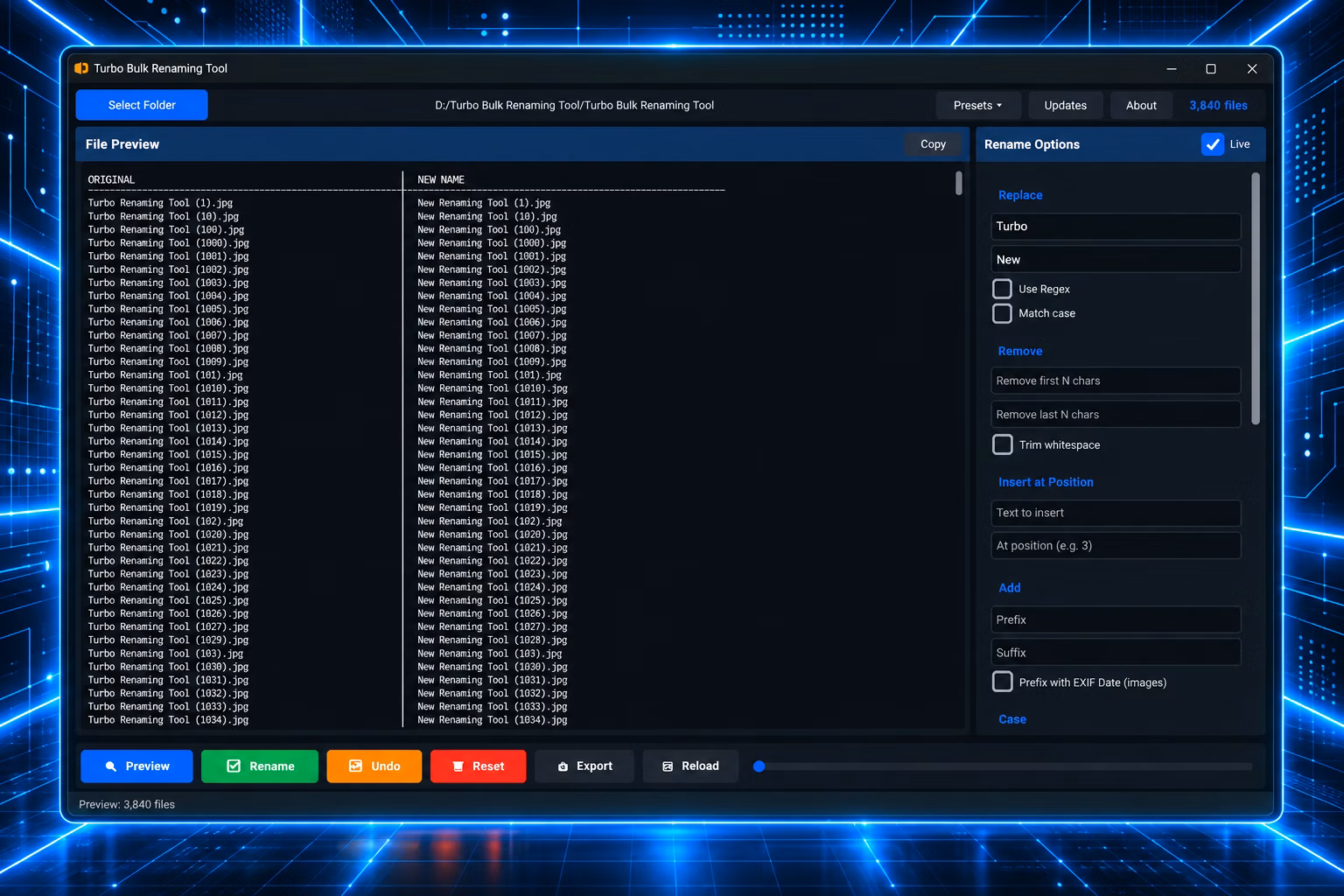 Turbo Bulk Renaming Tool screenshot - live preview feature