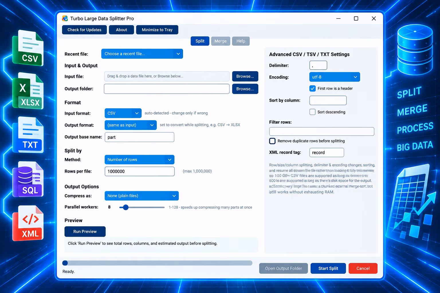 Turbo Large Data Splitter - csv splitter and csv merger for Windows